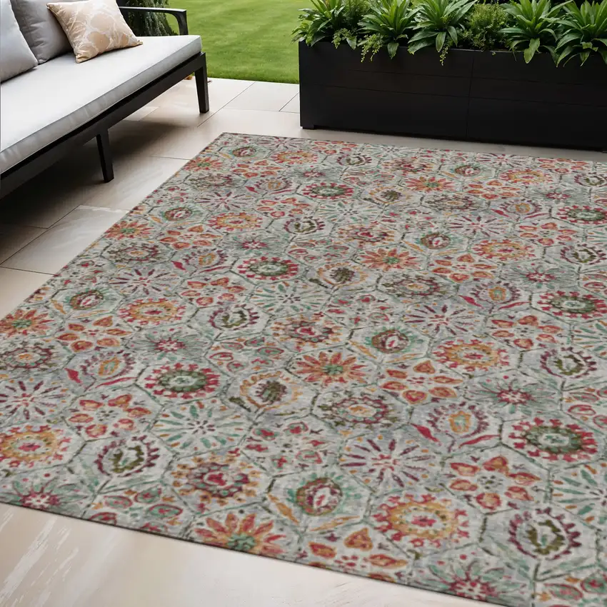 Rust And Gray Floral Washable Indoor Outdoor Area Rug Photo 2