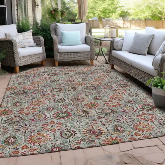 Rust And Gray Floral Washable Indoor Outdoor Area Rug Photo 5