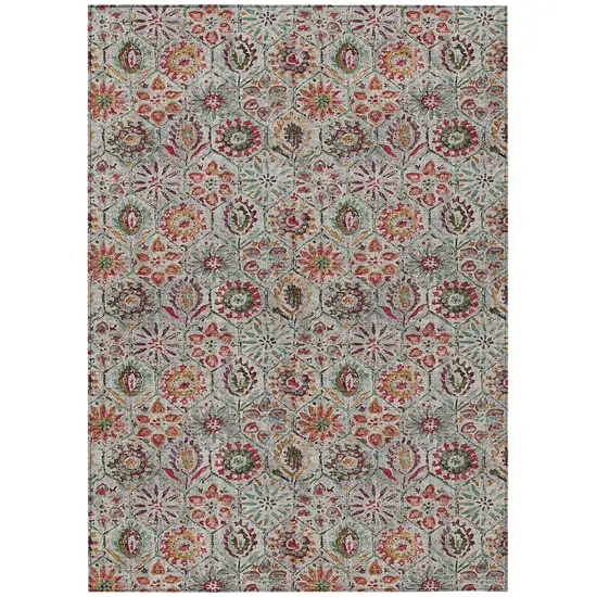 Rust And Gray Floral Washable Indoor Outdoor Area Rug Photo 1