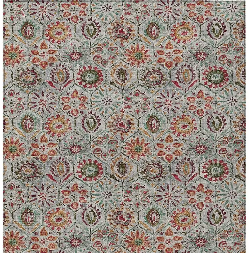 Rust And Gray Floral Washable Indoor Outdoor Area Rug Photo 4