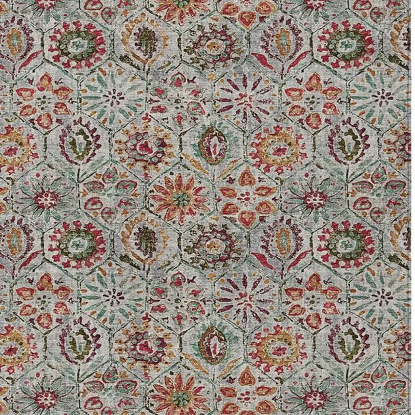 Rust And Gray Floral Washable Indoor Outdoor Area Rug Photo 3