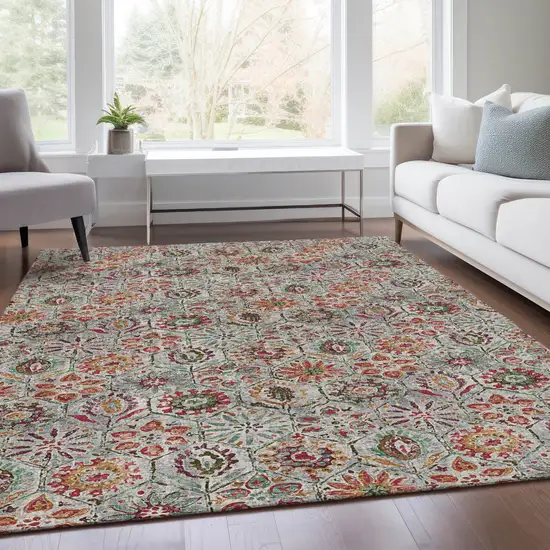 Rust And Gray Floral Washable Indoor Outdoor Area Rug Photo 7