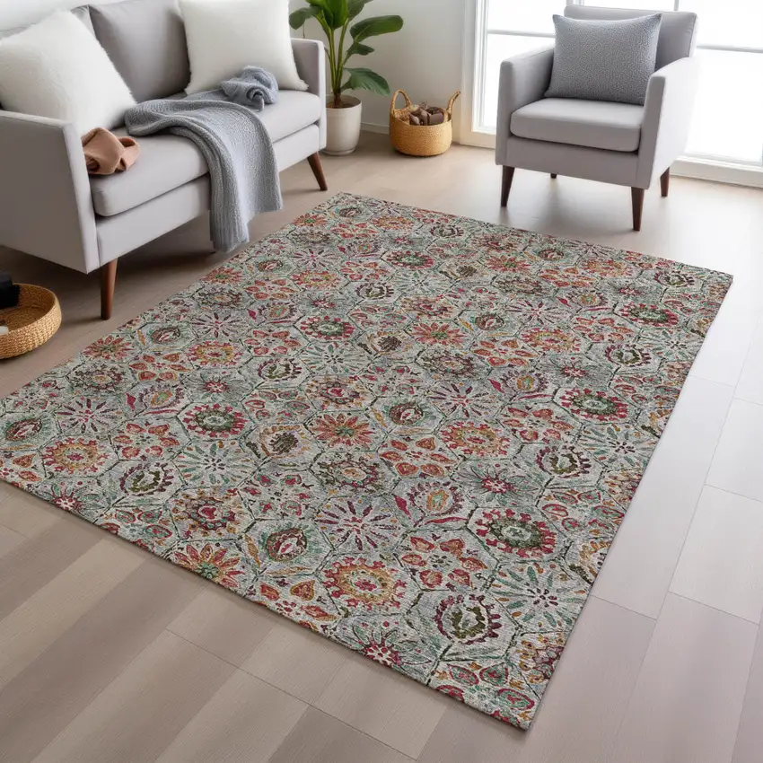 Rust And Gray Floral Washable Indoor Outdoor Area Rug Photo 6