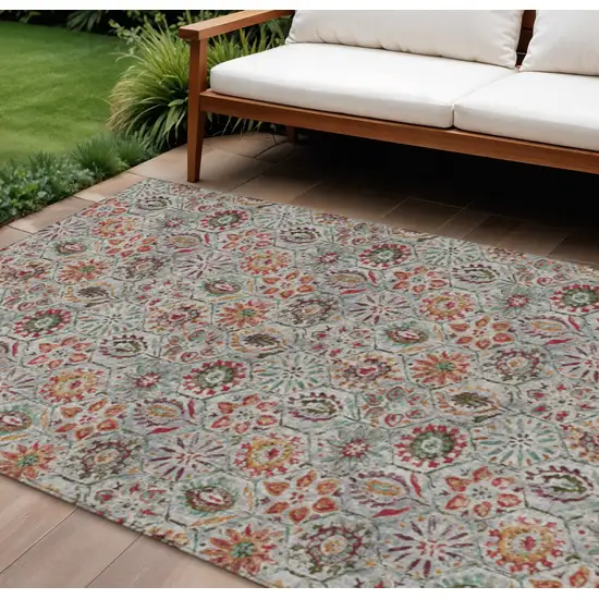 Rust And Gray Floral Washable Indoor Outdoor Area Rug Photo 2