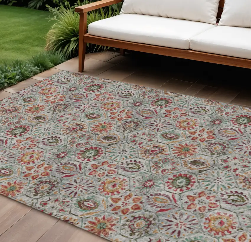 Rust And Gray Floral Washable Indoor Outdoor Area Rug Photo 2