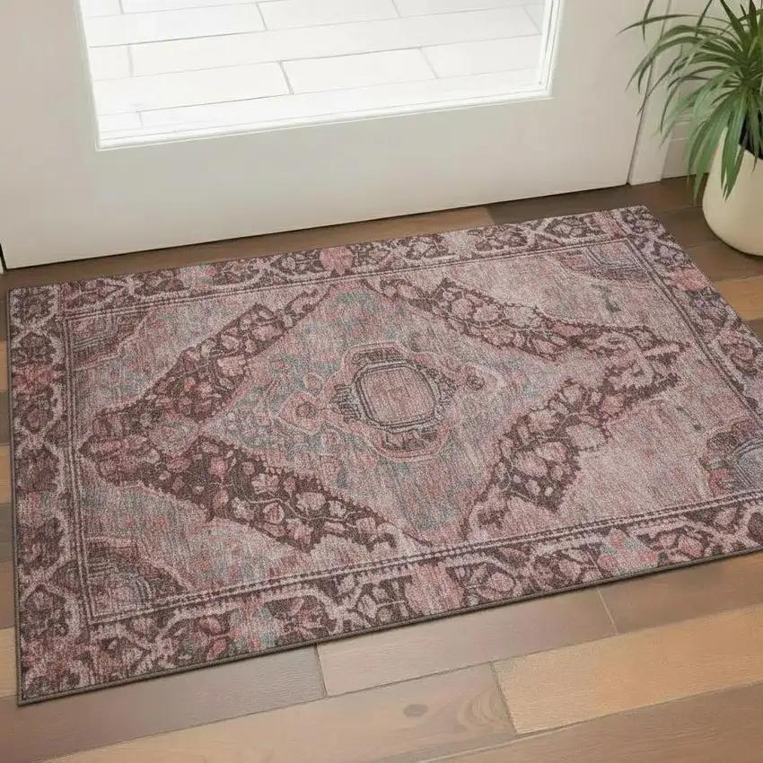 Rust And Gray Oriental Washable Area Rug With UV Protection Photo 2