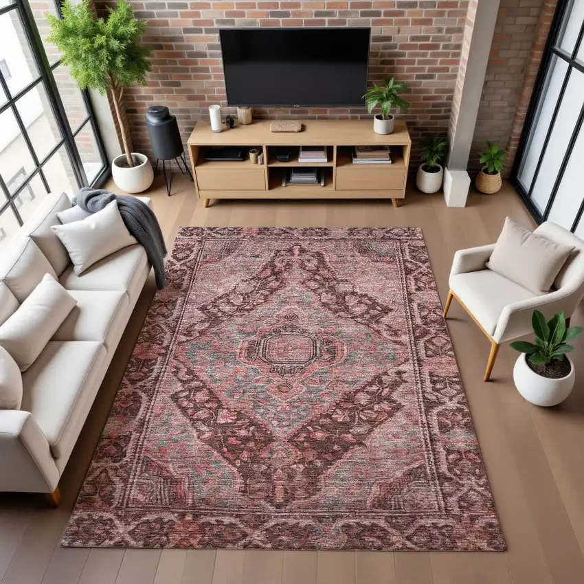 Rust And Gray Oriental Washable Area Rug With UV Protection Photo 5