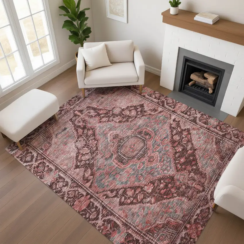 Rust And Gray Oriental Washable Area Rug With UV Protection Photo 4