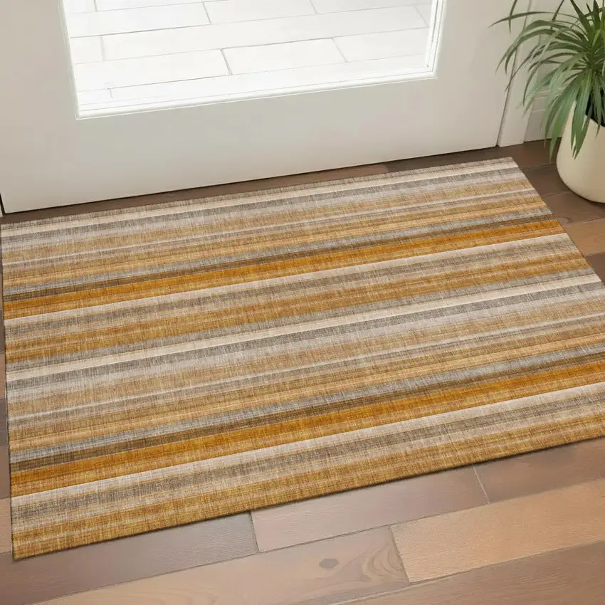 Rust And Gray Striped Washable Area Rug With UV Protection Photo 1