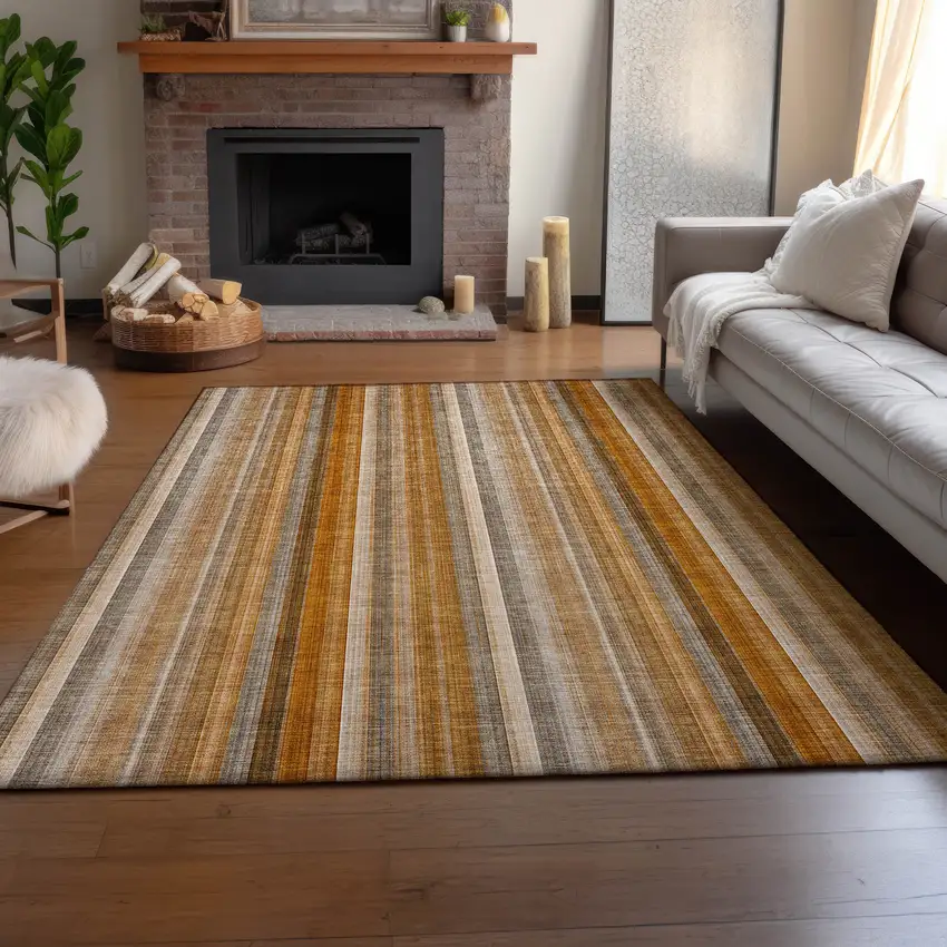 Rust And Gray Striped Washable Area Rug With UV Protection Photo 6