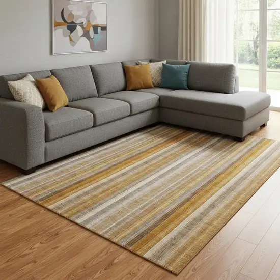 Rust And Gray Striped Washable Area Rug With UV Protection Photo 1