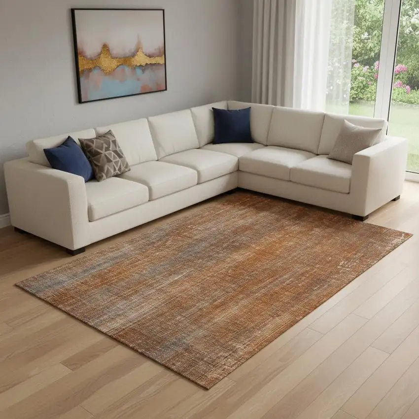 Rust And Gray Striped Washable Area Rug With UV Protection Photo 1