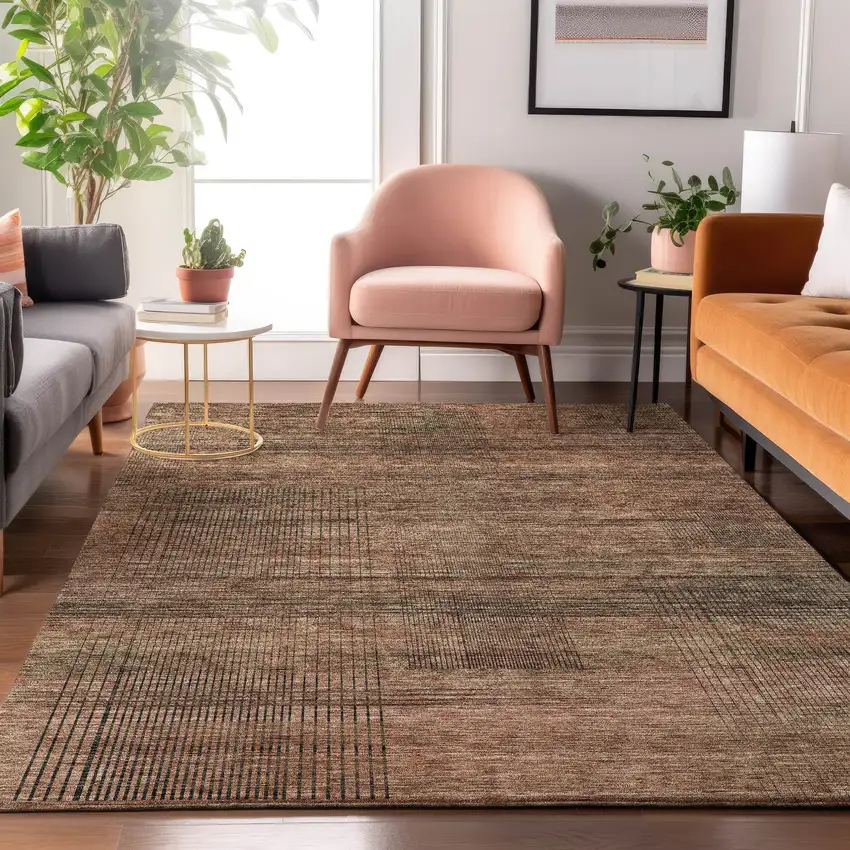 Rust And Gray Striped Washable Area Rug With UV Protection Photo 2