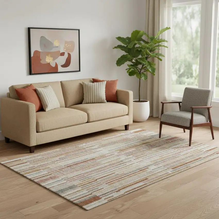 Rust And Gray Striped Washable Area Rug With UV Protection Photo 2