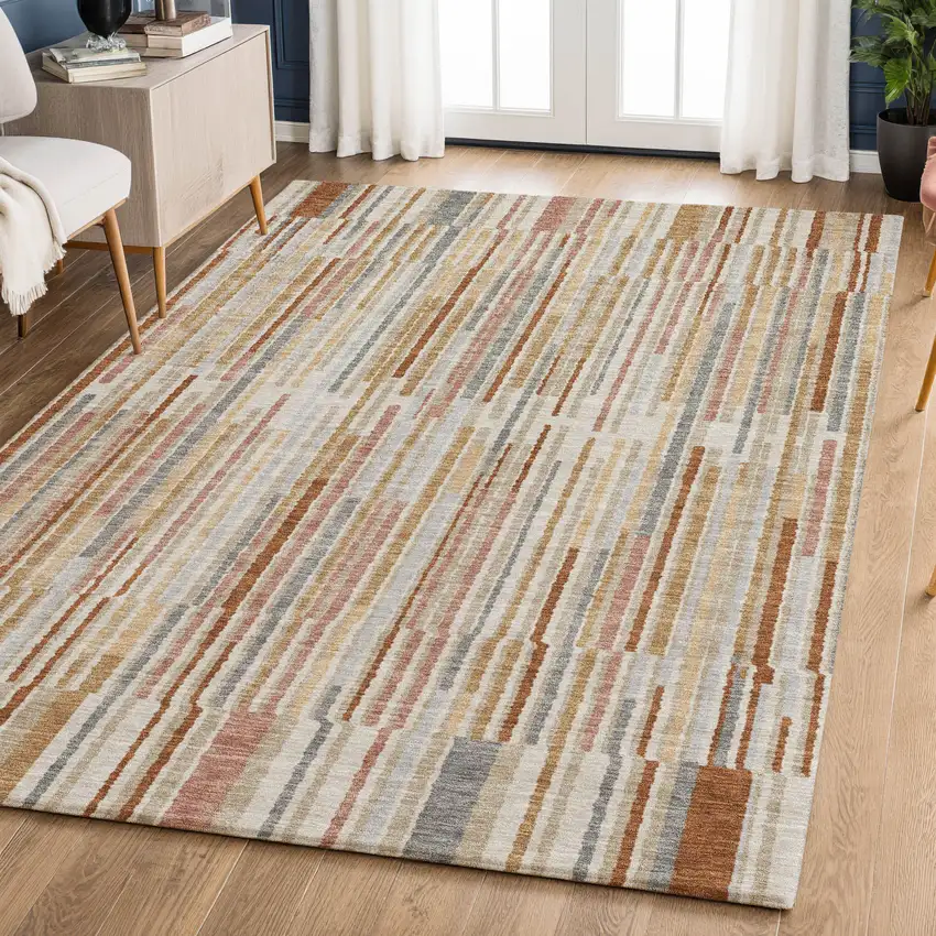 Rust And Gray Striped Washable Area Rug With UV Protection Photo 6