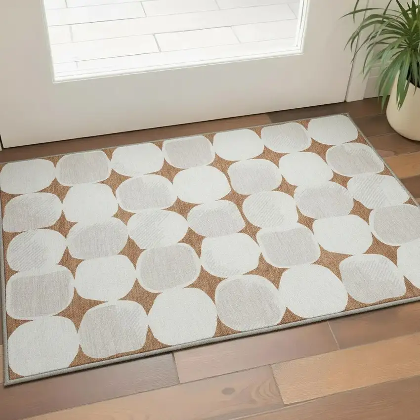 Rust And Ivory Abstract Geometric Washable Area Rug With UV Protection Photo 2