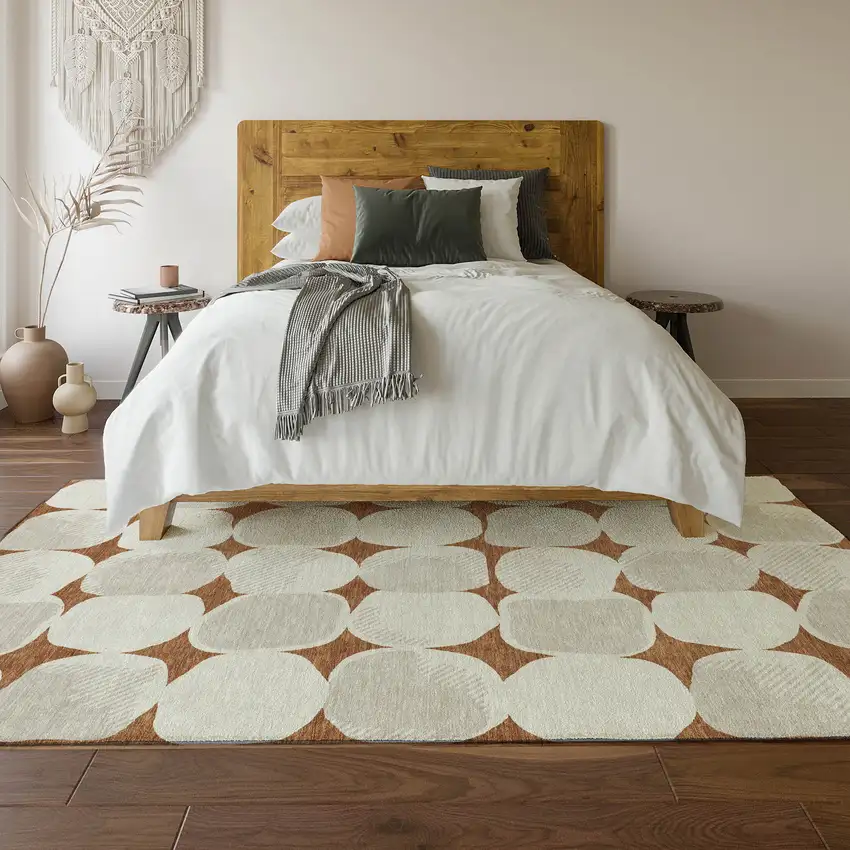 Rust And Ivory Abstract Geometric Washable Area Rug With UV Protection Photo 6