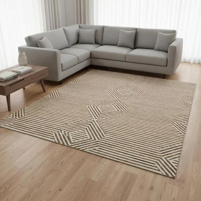 Rust And Ivory Abstract Geometric Washable Area Rug With UV Protection Photo 2