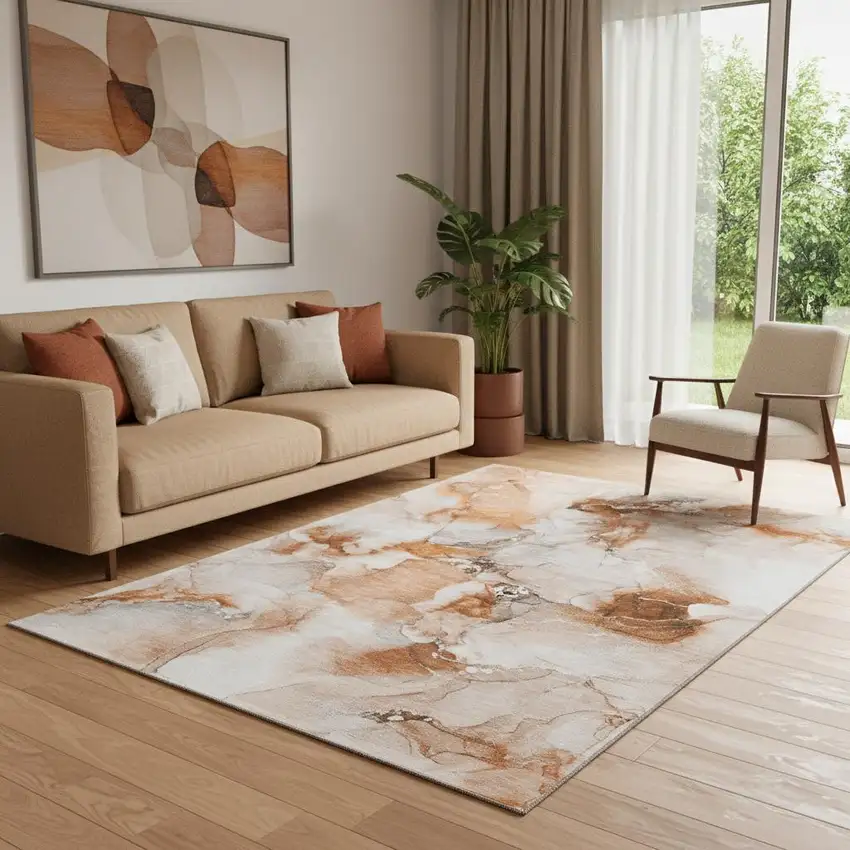 Rust And Ivory Abstract Washable Area Rug With UV Protection Photo 1