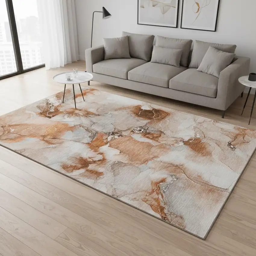 Rust And Ivory Abstract Washable Area Rug With UV Protection Photo 2