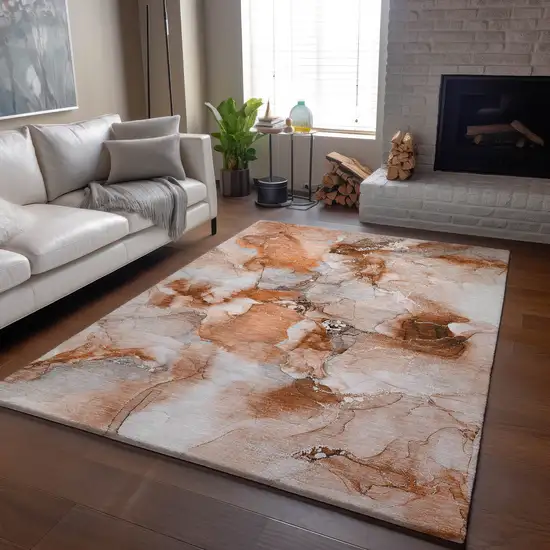 Rust And Ivory Abstract Washable Area Rug With UV Protection Photo 5