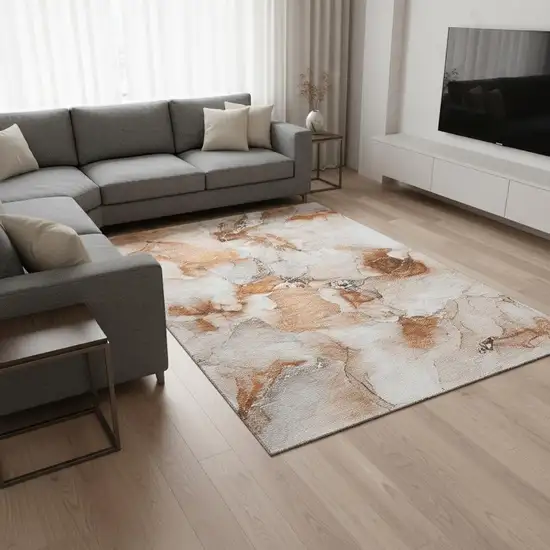 Rust And Ivory Abstract Washable Area Rug With UV Protection Photo 2