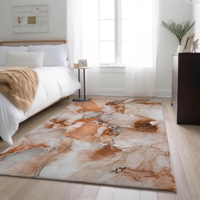 Rust And Ivory Abstract Washable Area Rug With UV Protection Photo 4