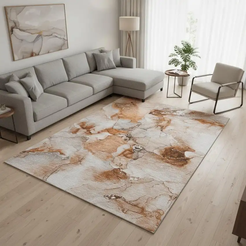 Rust And Ivory Abstract Washable Area Rug With UV Protection Photo 2