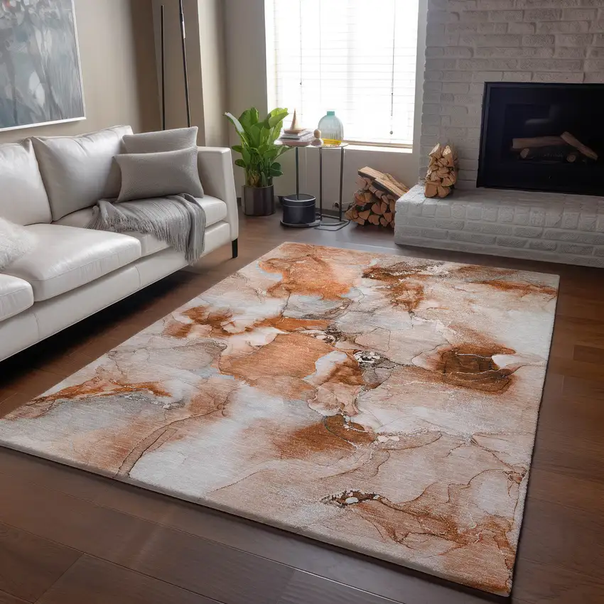 Rust And Ivory Abstract Washable Area Rug With UV Protection Photo 9