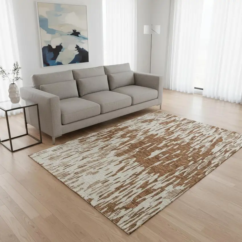 Rust And Ivory Abstract Washable Area Rug With UV Protection Photo 2