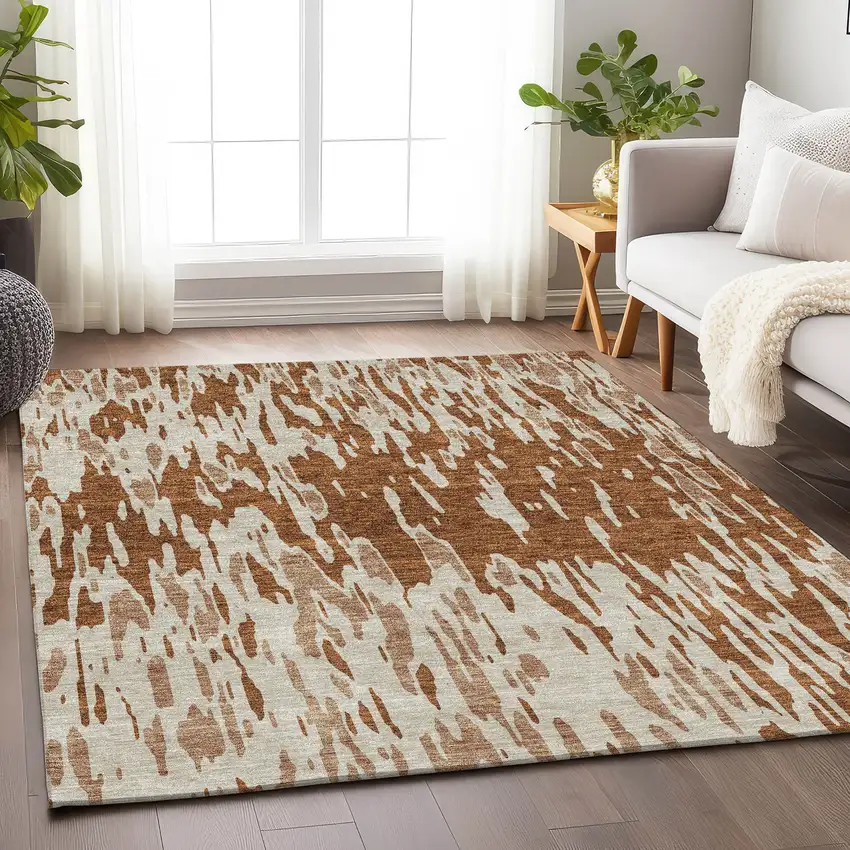 Rust And Ivory Abstract Washable Area Rug With UV Protection Photo 5