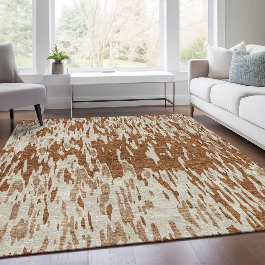Rust And Ivory Abstract Washable Area Rug With UV Protection Photo 5