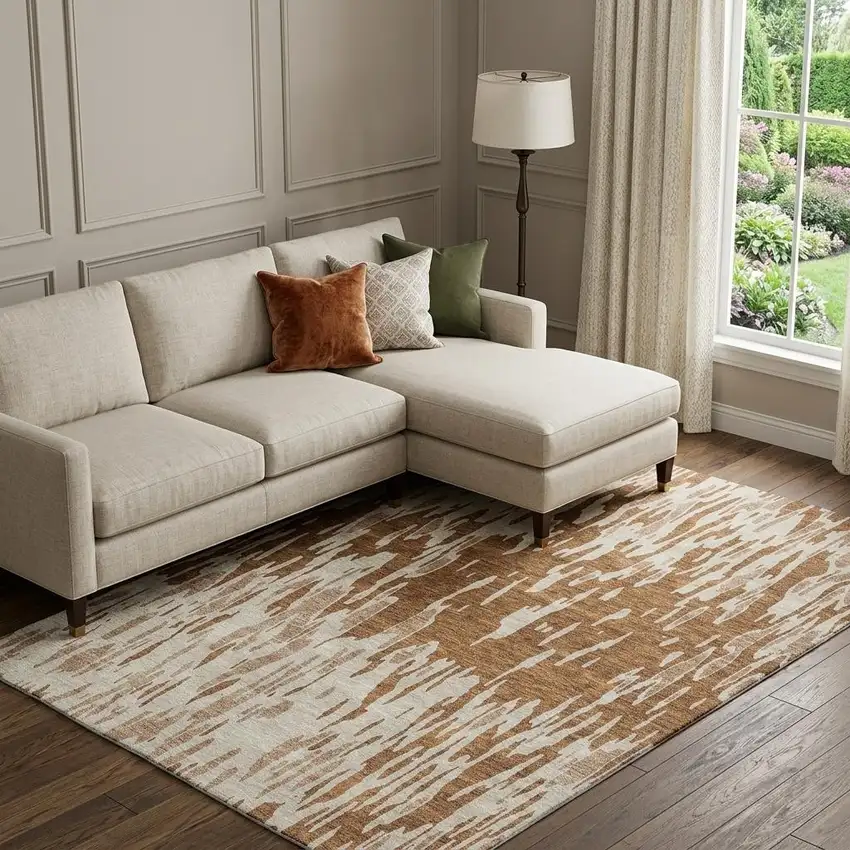 Rust And Ivory Abstract Washable Area Rug With UV Protection Photo 1