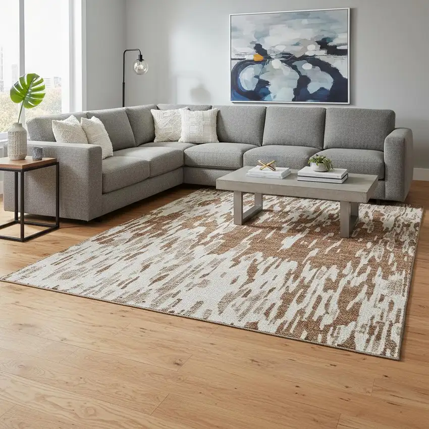 Rust And Ivory Abstract Washable Area Rug With UV Protection Photo 2