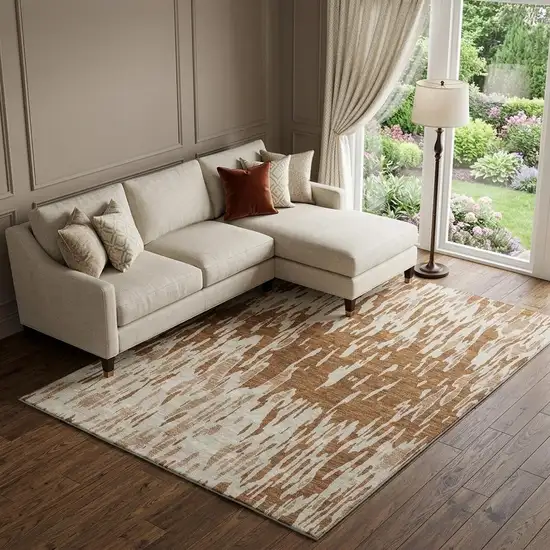 Rust And Ivory Abstract Washable Area Rug With UV Protection Photo 1