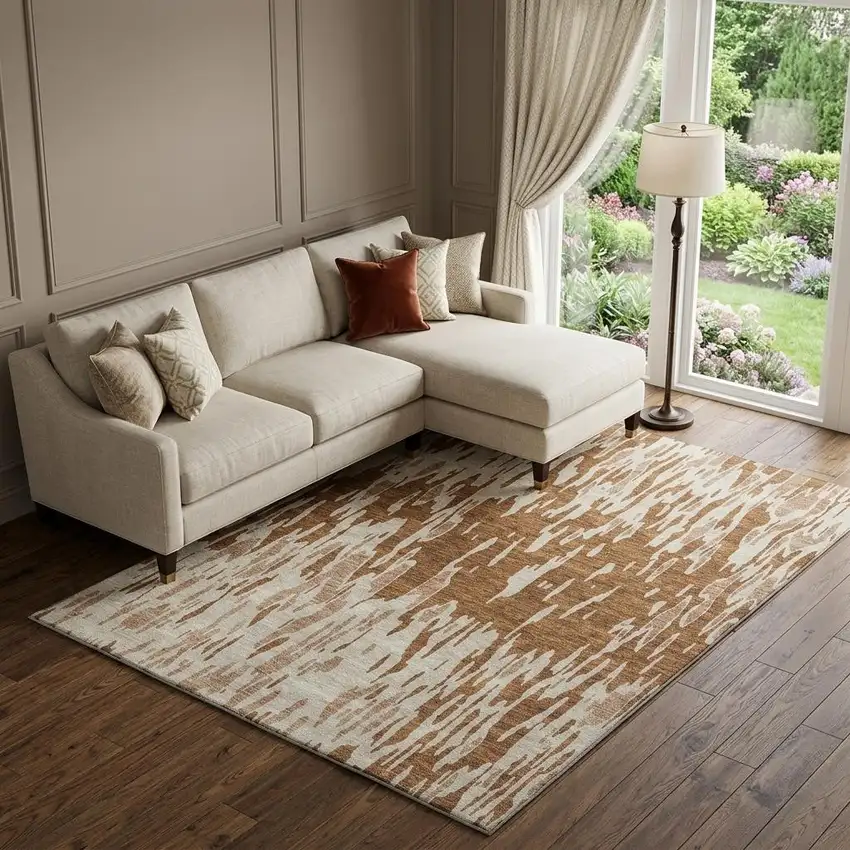 Rust And Ivory Abstract Washable Area Rug With UV Protection Photo 1