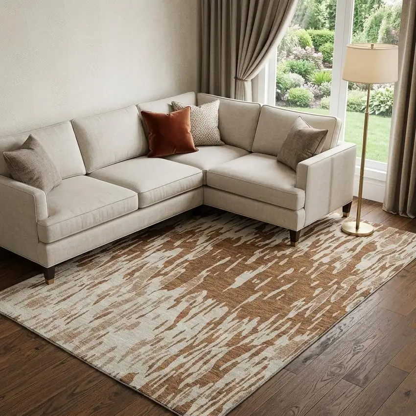 Rust And Ivory Abstract Washable Area Rug With UV Protection Photo 1