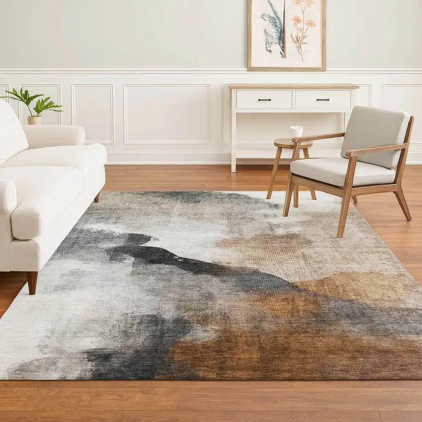 Rust And Ivory Abstract Washable Area Rug With UV Protection Photo 2