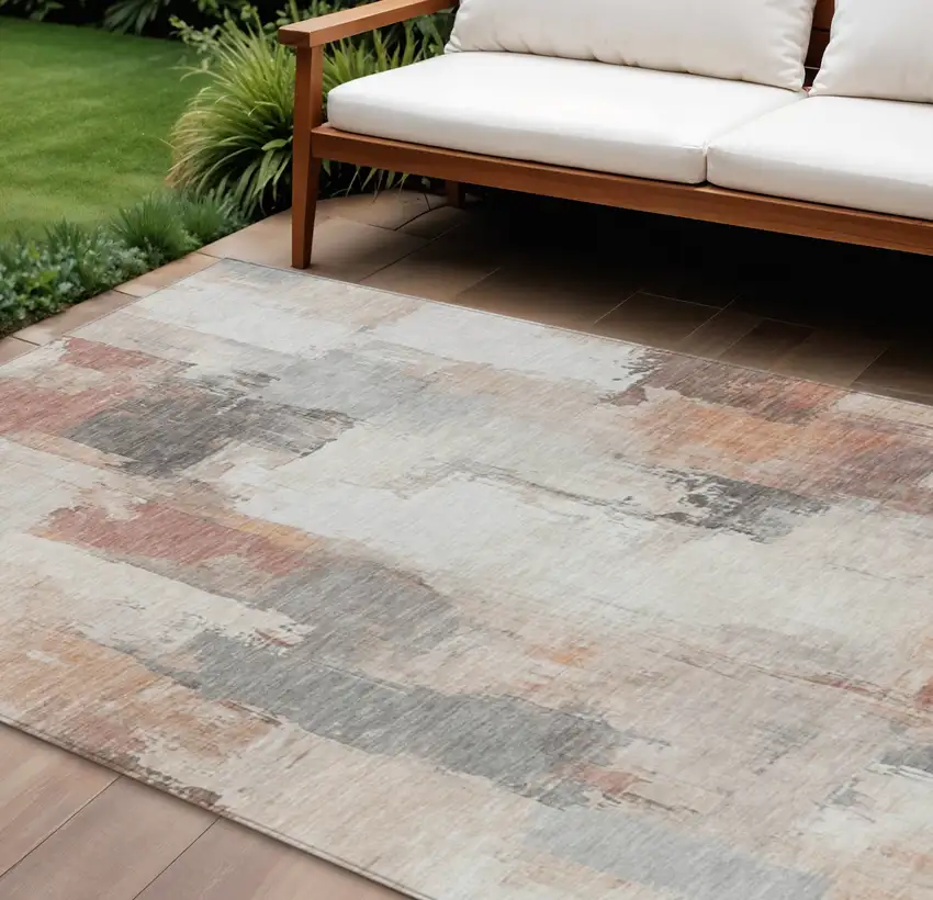 Rust And Ivory Abstract Washable Indoor Outdoor Area Rug Photo 2