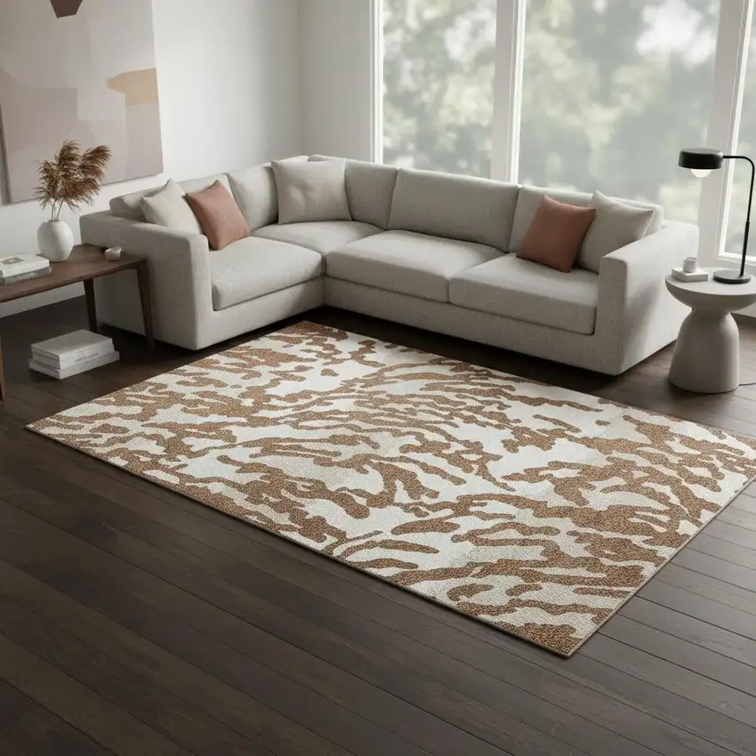 Rust And Ivory Animal Print Washable Area Rug With UV Protection Photo 2