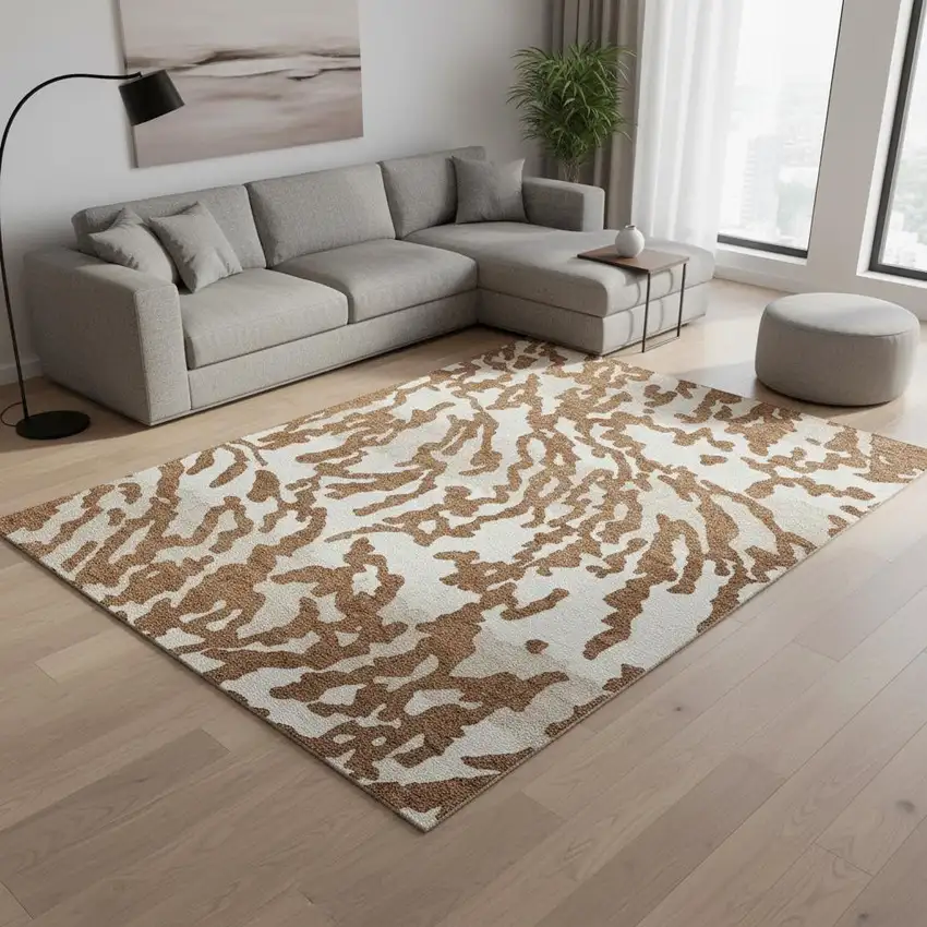 Rust And Ivory Animal Print Washable Area Rug With UV Protection Photo 2
