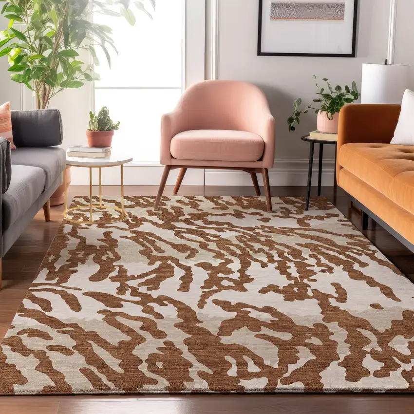 Rust And Ivory Animal Print Washable Area Rug With UV Protection Photo 5