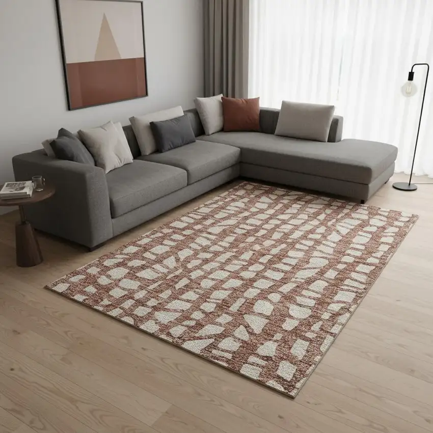 Rust And Ivory Cobblestone Washable Area Rug With UV Protection Photo 2