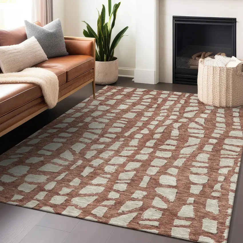 Rust And Ivory Cobblestone Washable Area Rug With UV Protection Photo 6