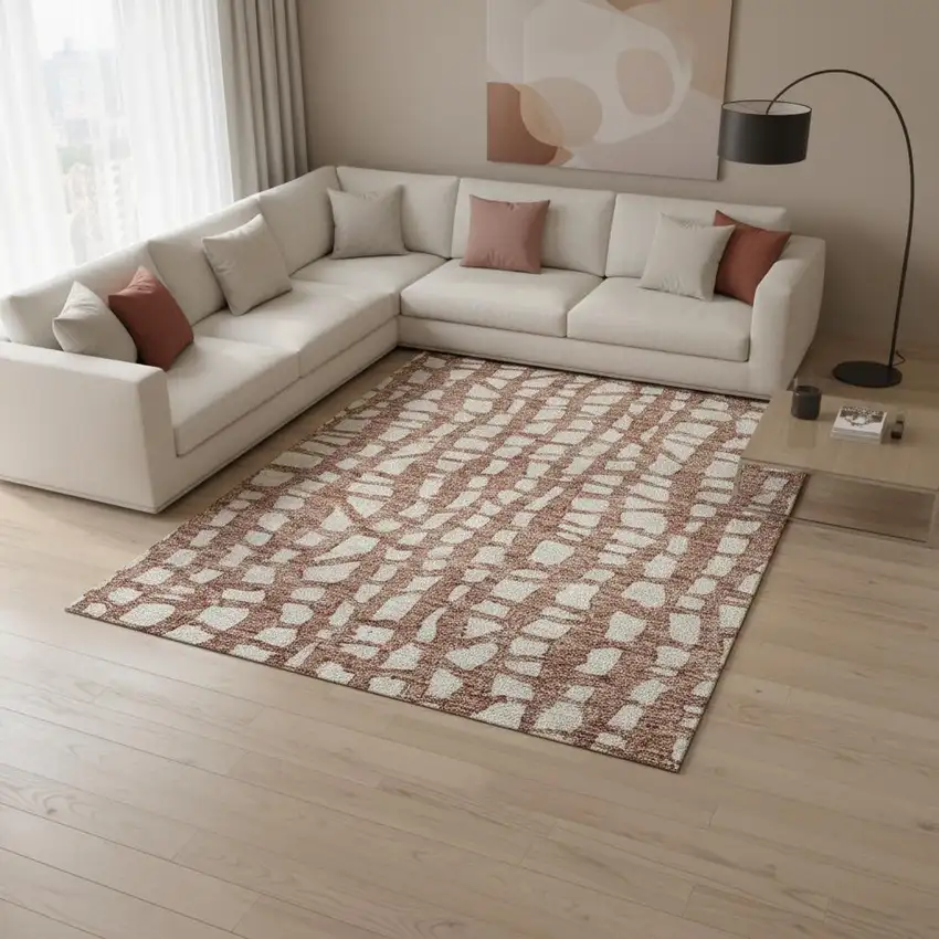 Rust And Ivory Cobblestone Washable Area Rug With UV Protection Photo 2