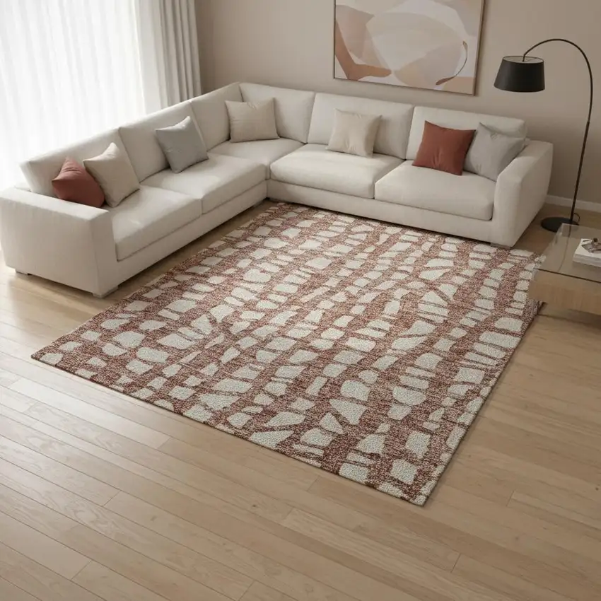 Rust And Ivory Cobblestone Washable Area Rug With UV Protection Photo 2
