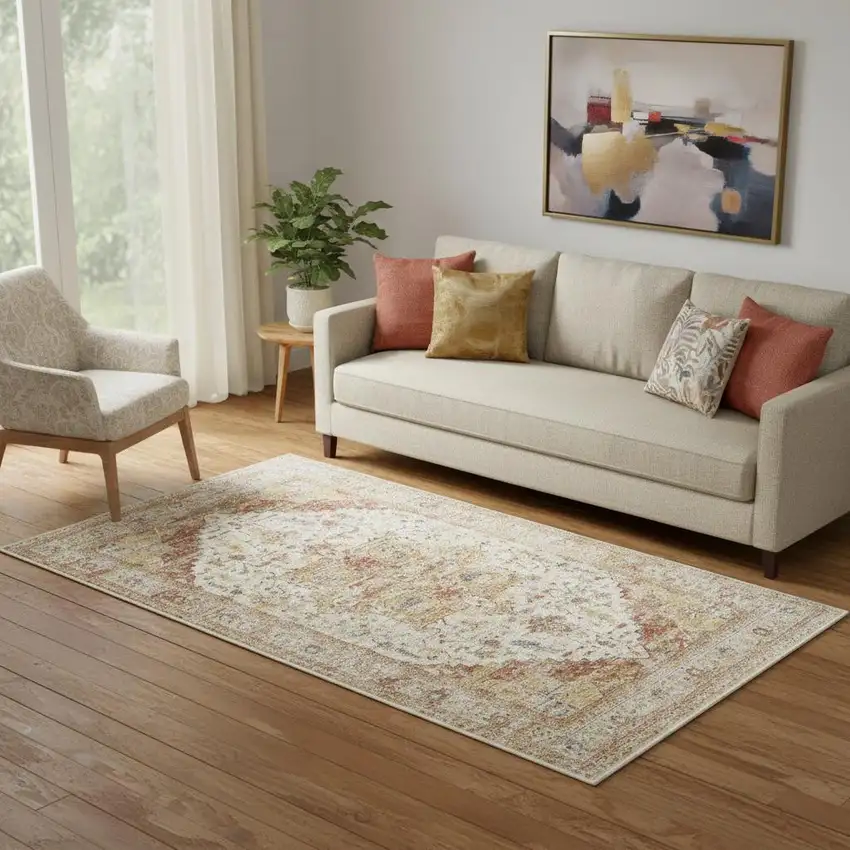 Rust And Ivory Floral Distressed Area Rug Photo 1