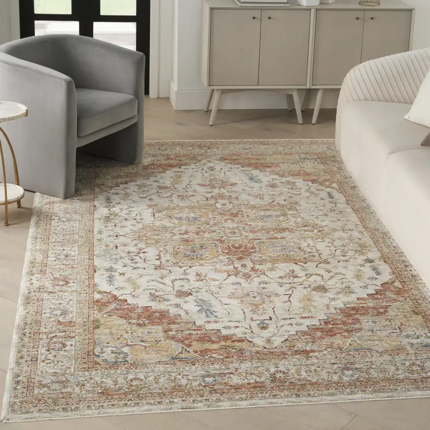 Rust And Ivory Floral Distressed Area Rug Photo 3