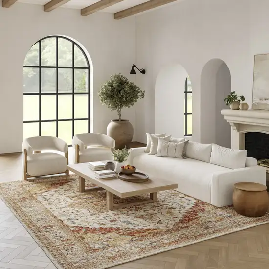 Rust And Ivory Floral Distressed Area Rug Photo 3