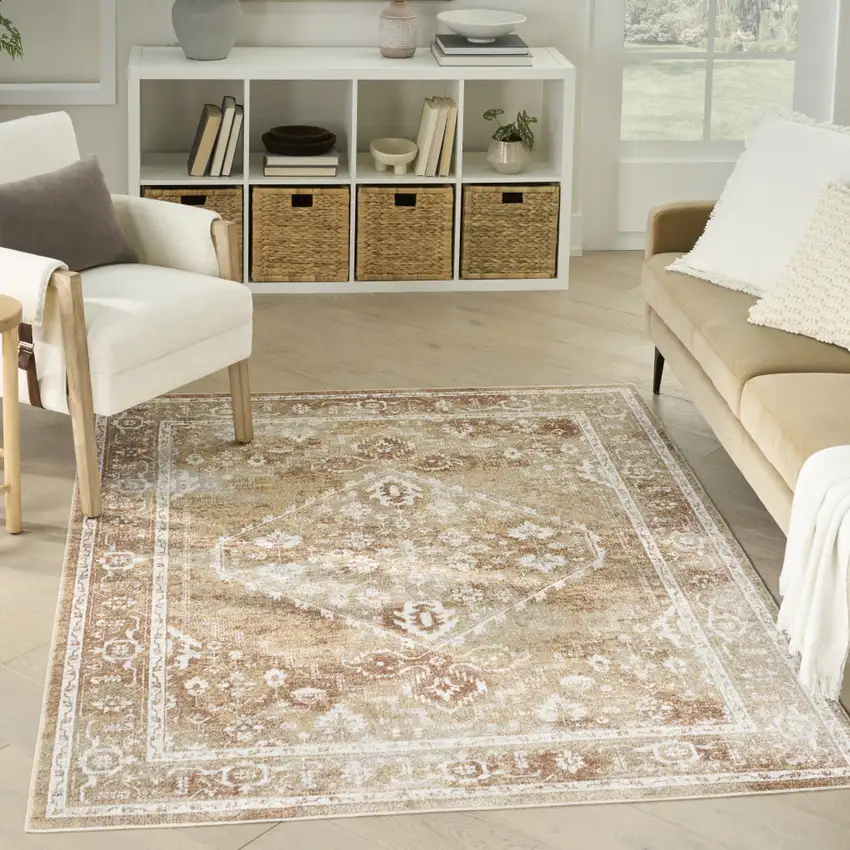 Rust And Ivory Floral Distressed Area Rug Photo 3